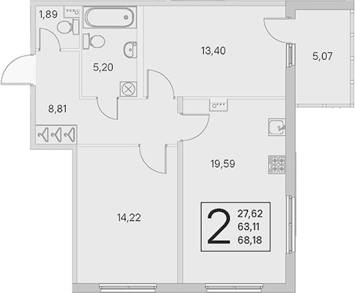 2-комнатная квартира 63.11 м², 1/4 эт., ЖК «Любоград в Стрельне»